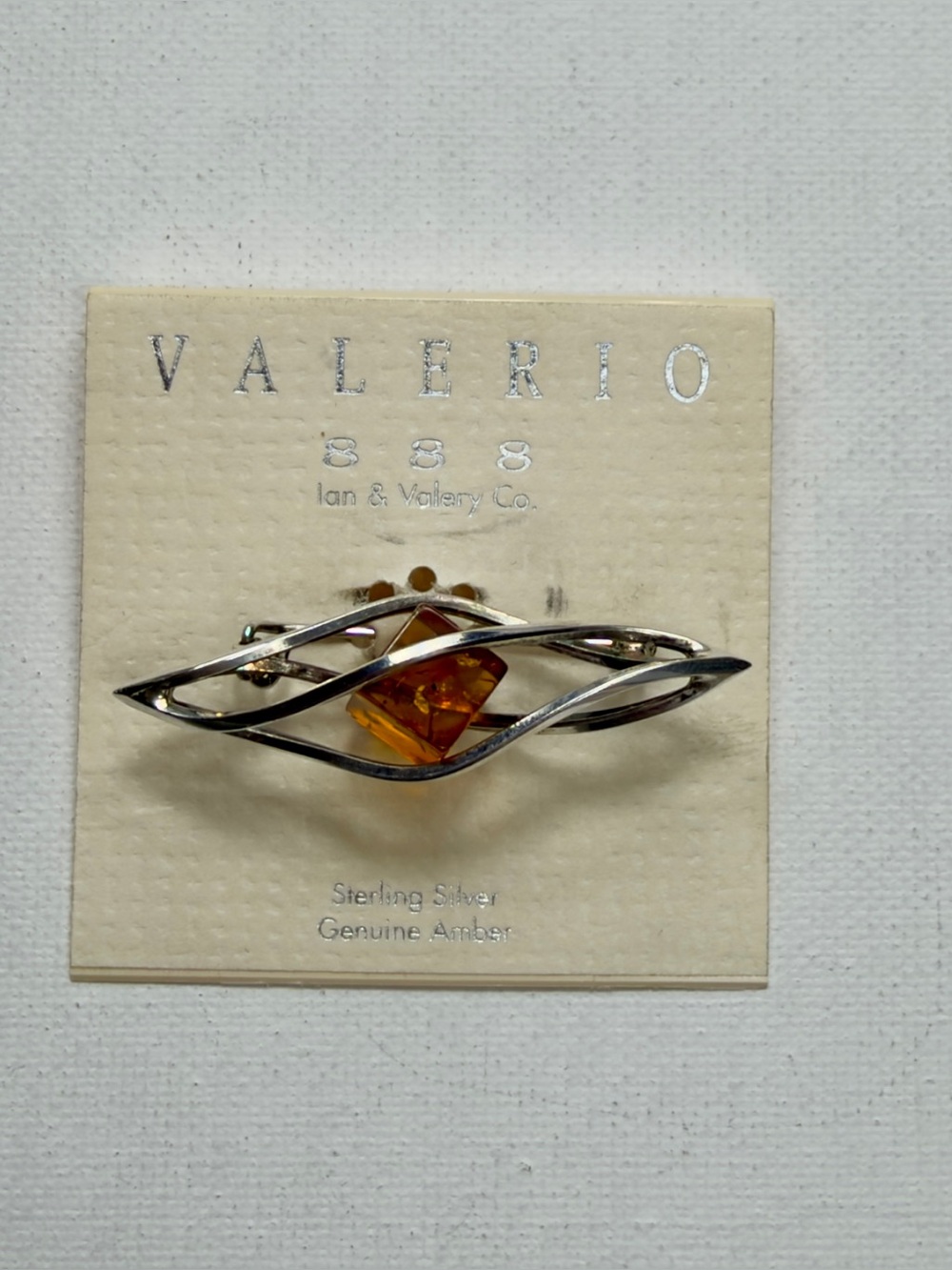 Vintage Valerio 888 Sterling Silver Genuine Amber Square Modernist Brooch Pin